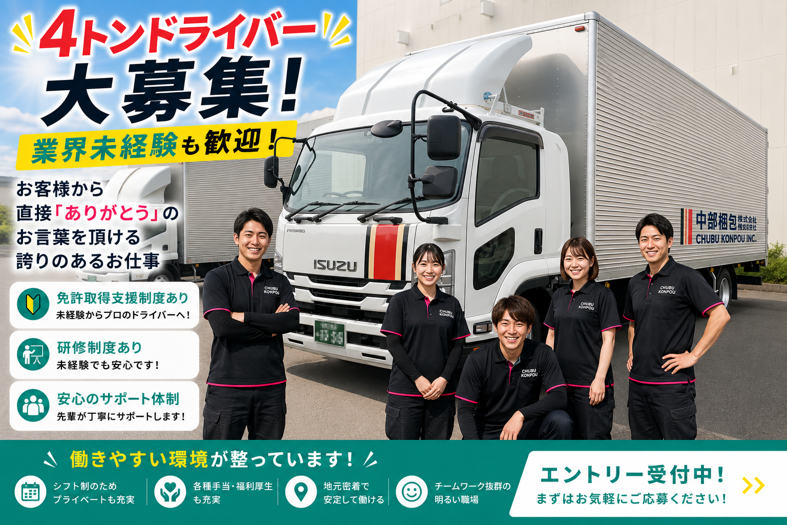 ドライバー 4トン中型 中長距離 【正社員 未経験者歓迎】